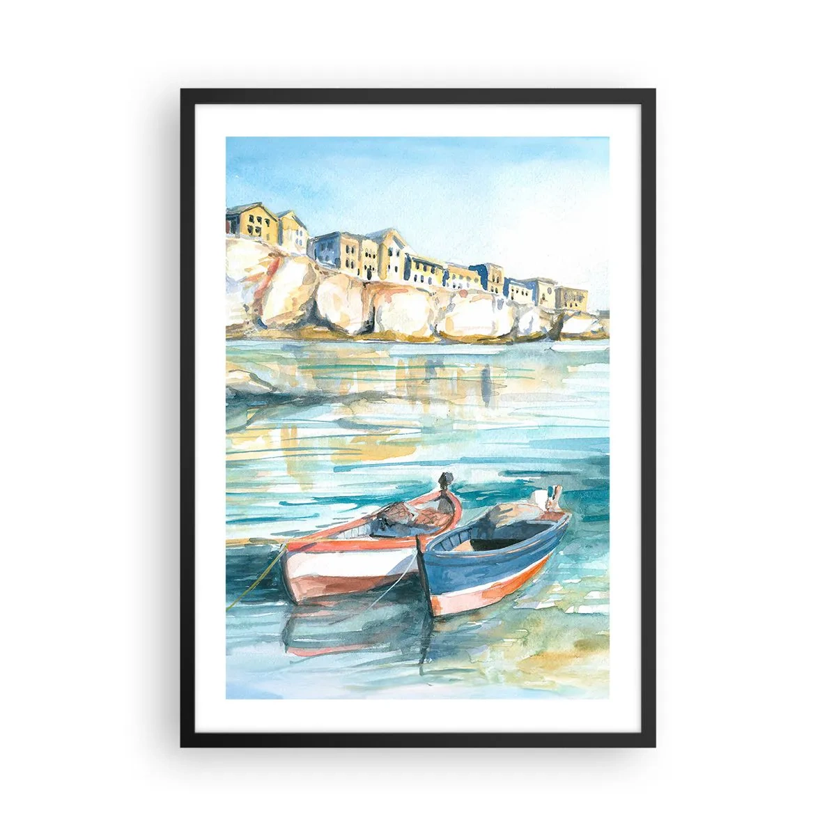 Poszter fehér keretben - Akvarell tájkép csónakokkal a vízen és egy tengerparti várossal - 50x70cm - Tájkép azúrkéken - Modern fali dekoráció nappalihoz és hálószobához ARTTOR