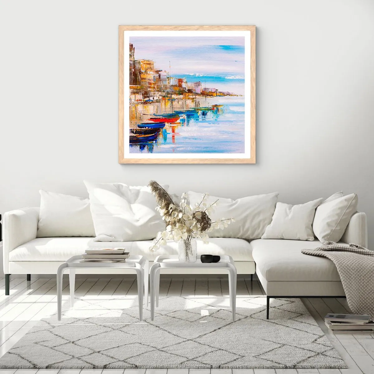 Poszter világos tölgy keretben - Sokszínű városi kikötő - 60x60 cm