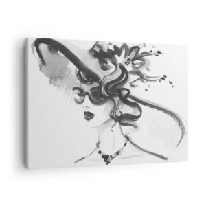 Vászonkép - Elegáns nő kalapban, fekete-fehér stílusban - 70x50cm - Karakteres hölgy - Modern fali dekoráció nappalihoz és hálószobához ARTTOR