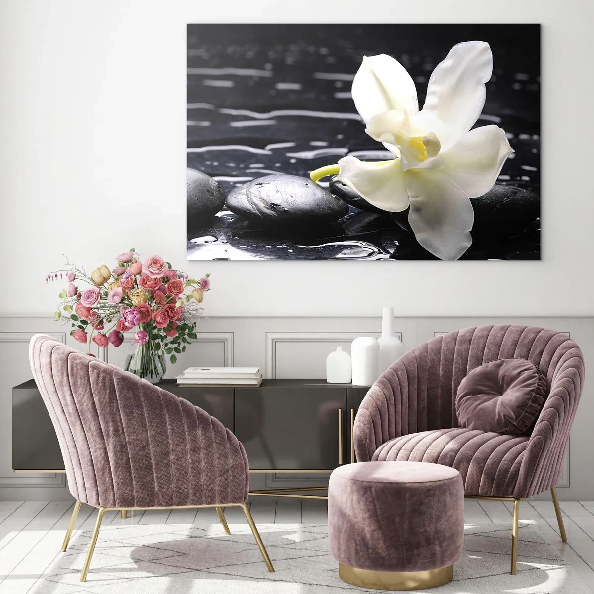 Üveg kép - Fehér orchidea nedves fekete köveken - 70x50cm - Egy tanulmány fekete-fehérben - Modern fali dekoráció nappalihoz és hálószobához ARTTOR