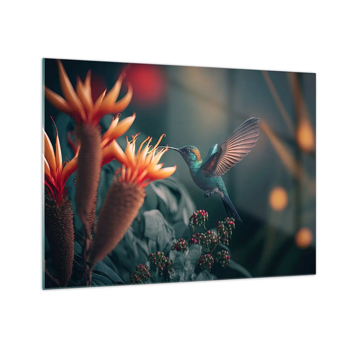 Üveg kép - Egy kolibri lebeg egzotikus virágok felett a levelek között. - 70x50cm - Egy igazán színes élet - Modern fali dekoráció nappalihoz és hálószobához ARTTOR
