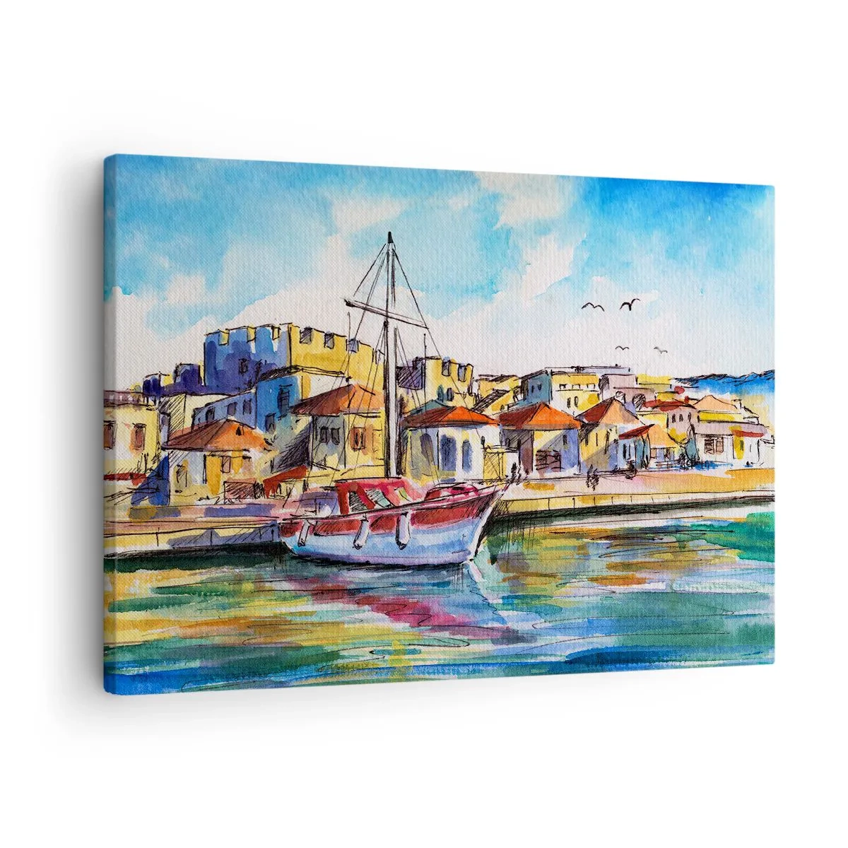 Vászonkép - Egy festői kikötő hajóval és színes épületekkel - 70x50cm - Szivárványos délután - Modern fali dekoráció nappalihoz és hálószobához ARTTOR