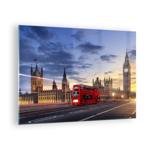 Üveg kép - Big Ben és a piros busz Londonban naplementekor - 70x50cm - Speciális karakterek - Modern fali dekoráció nappalihoz és hálószobához ARTTOR