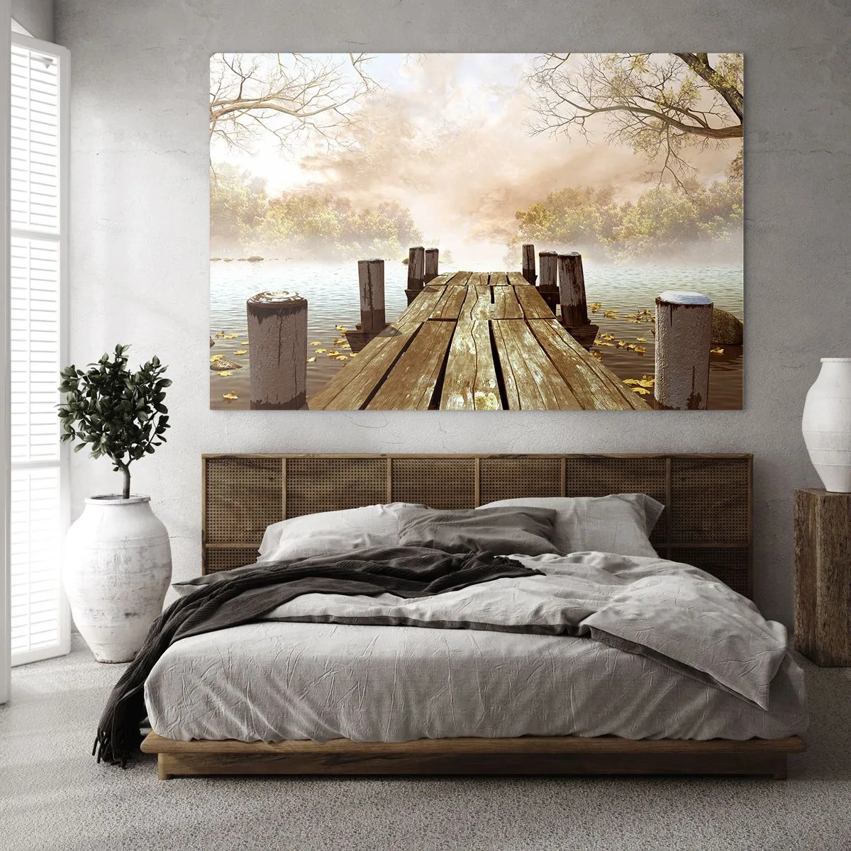 Üveg kép - Egy fából készült móló egy nyugodt tó felett a ködben - 70x50cm - Az ősz enyhe szomorúsága - Modern fali dekoráció nappalihoz és hálószobához ARTTOR