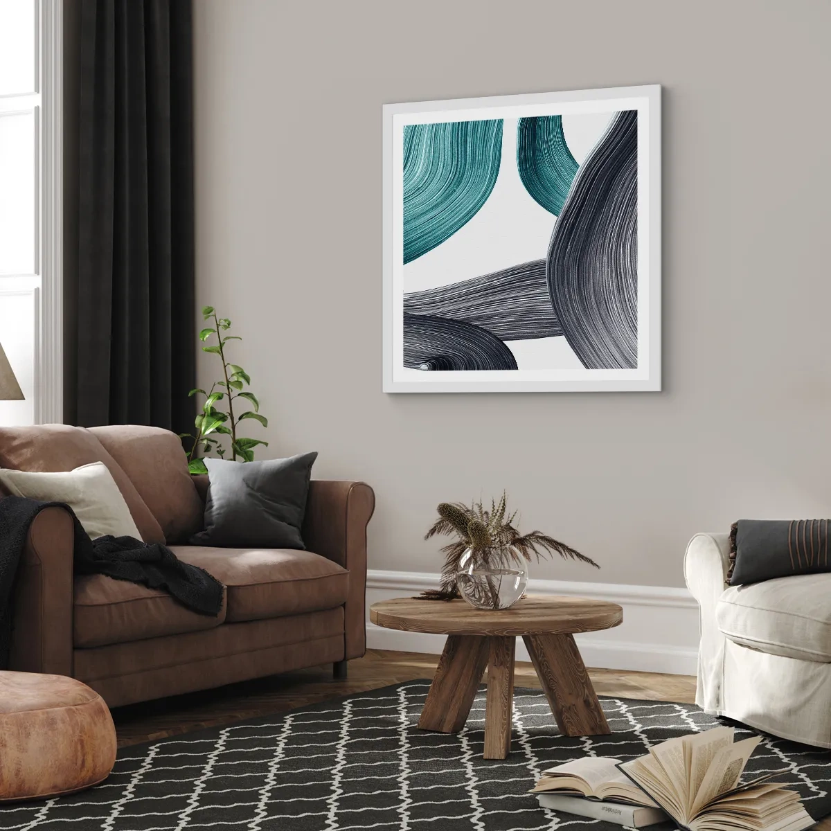 Poszter fekete keretben - Smaragdzöld és fekete nyomok - 60x60 cm