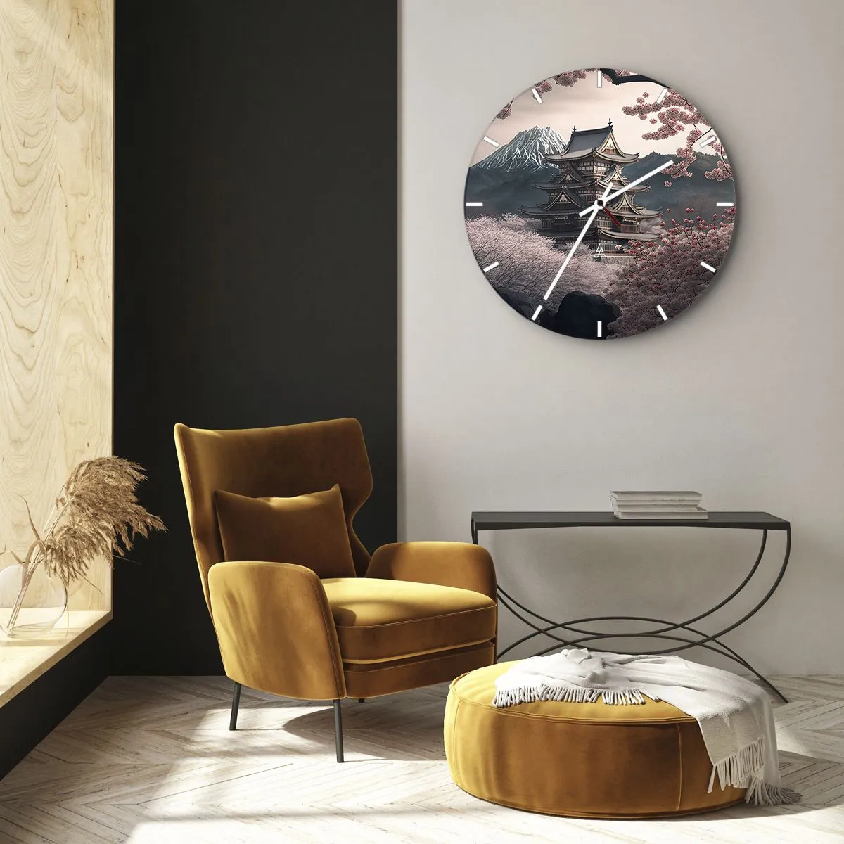 Falióra, Óra - Egy hagyományos pagoda cseresznyevirágzás között, egy heggyel a háttérben - 30x30cm - A cseresznyevirágzás országa - Modern fali dekoráció nappalihoz, konyhához és hálószobához ARTTOR