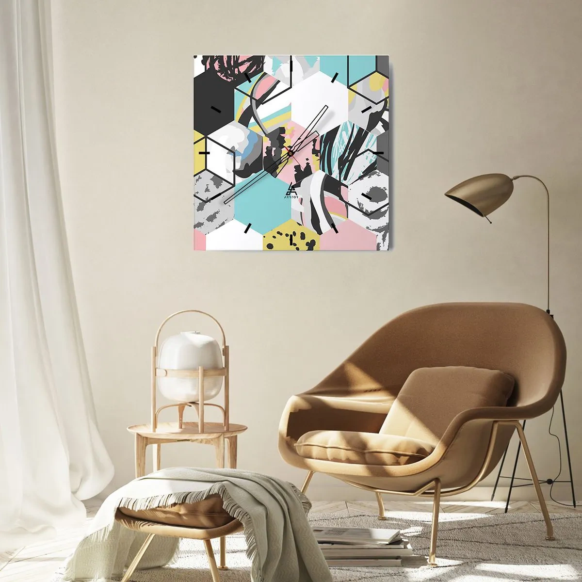 Falióra, Óra - Hatszögek és kockák hat színben - 40x40 cm