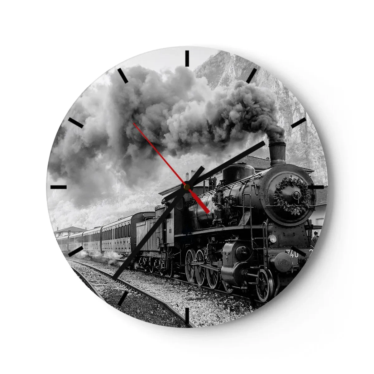 Falióra, Óra - Egy fekete-fehér gőzmozdony füstölgő kéménnyel - 30x30cm - Indulását a mozdony várja… - Modern fali dekoráció nappalihoz, konyhához és hálószobához ARTTOR