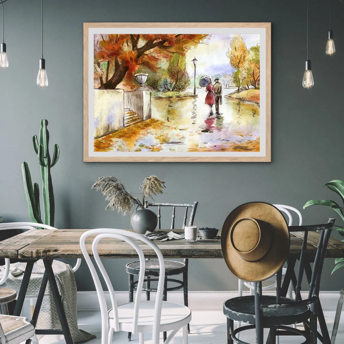 Poszter világos tölgy keretben - Romantikus ősz a parkban - 50x40 cm