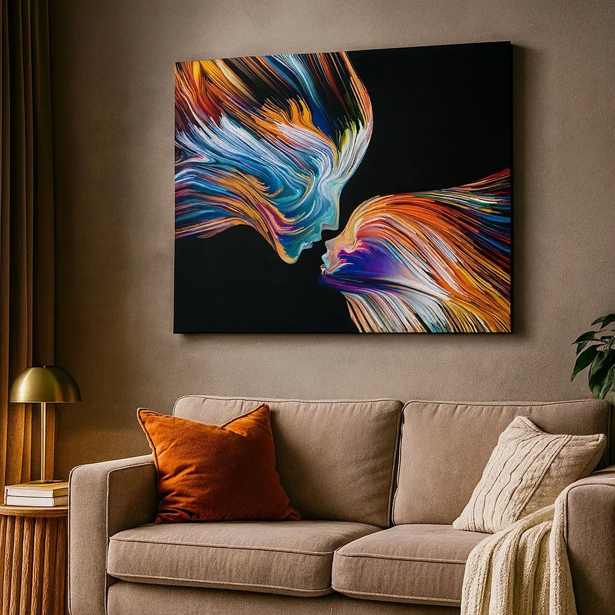 Vászonkép - Színes sziluettek arcok dinamikus patakokban fekete háttéren - 70x50cm - Az energia és a fény fúziója - Modern fali dekoráció nappalihoz és hálószobához ARTTOR