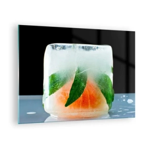 Üveg kép - Gyümölcsök és levelek tiszta jégben fagyasztva - 70x50cm - Friss és hűvös - Modern fali dekoráció nappalihoz és hálószobához ARTTOR