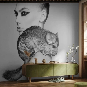 Fotótapéta Premium Sand - Hölgy csincsillával - Nő, Nő Csincsillával, Modell - 400x280 cm