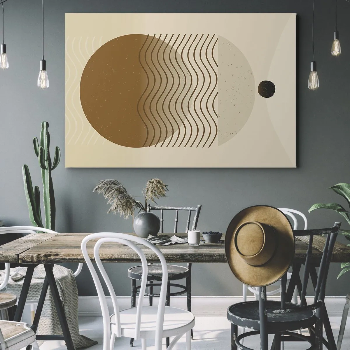 Vászonkép - Geometrikus absztrakció körökkel és hullámos vonalakkal meleg színekben. - 70x50cm - A geometriai formák eredetéről - Modern fali dekoráció nappalihoz és hálószobához ARTTOR