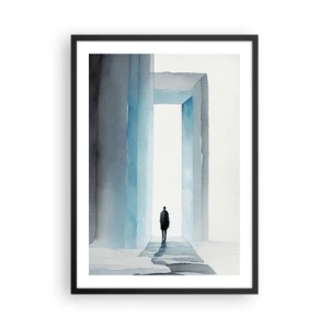 Poszter fehér keretben - Egy alak sétál át egy kék kapun, amely a szabadságot és a korlátlan lehetőségeket szimbolizálja - 50x70cm - Élj korlátok nélkül - Modern fali dekoráció nappalihoz és hálószobához ARTTOR
