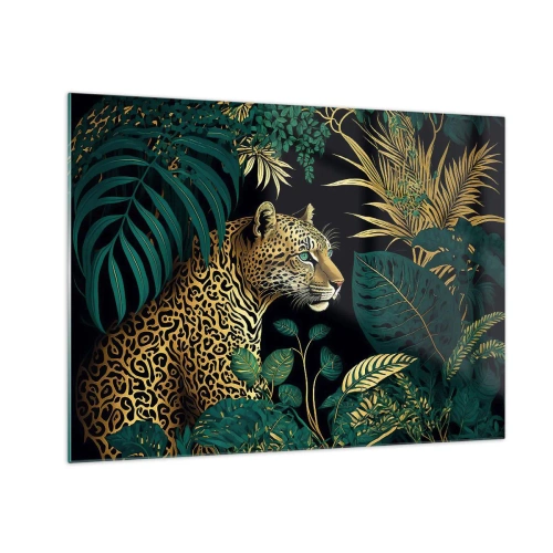 Üveg kép - Egy leopárd trópusi levelek között sötét háttér előtt - 70x50cm - A házigazda a dzsungelben - Modern fali dekoráció nappalihoz és hálószobához ARTTOR