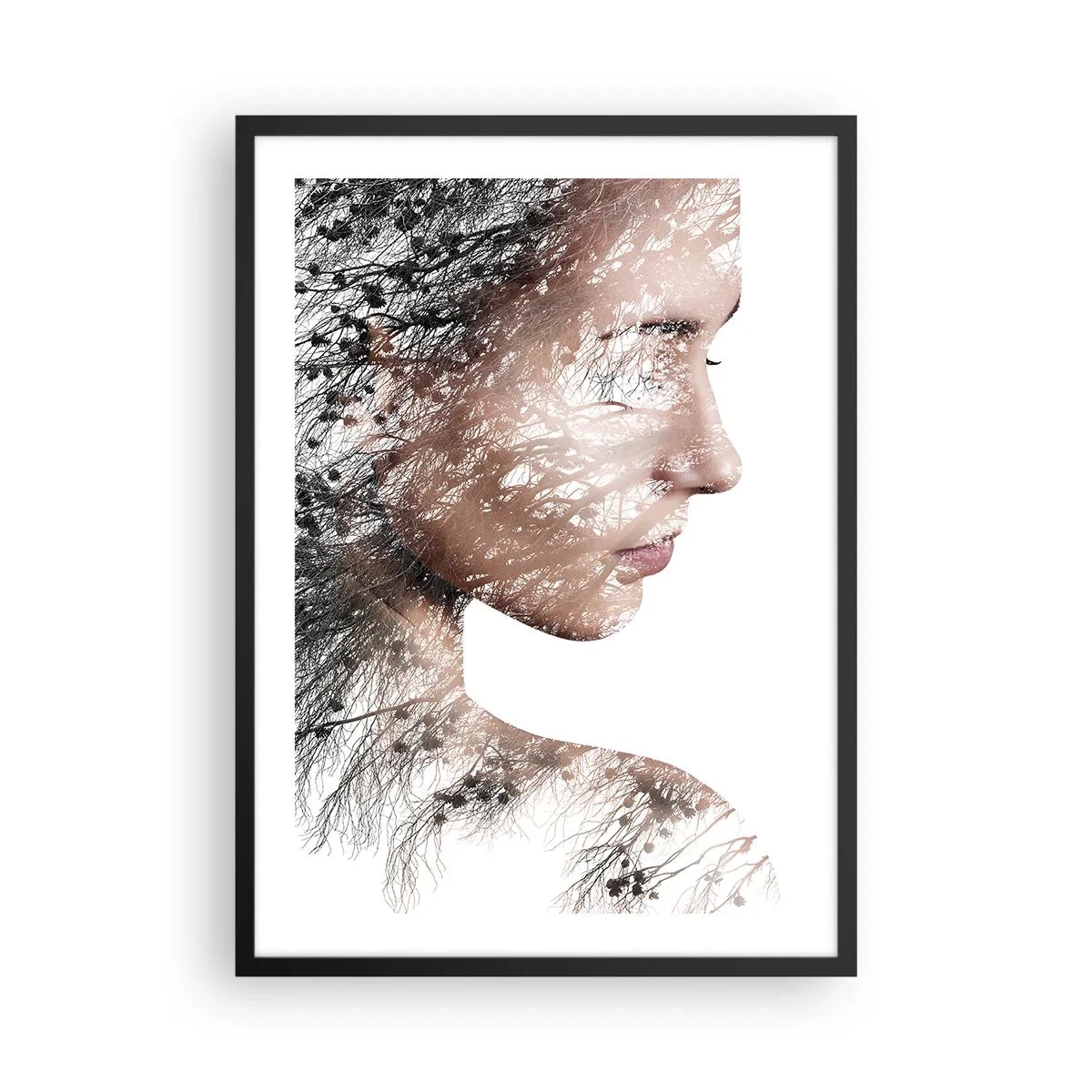 Poszter fehér keretben - Dupla expozíciós portré egy természet motívummal rendelkező nőről - 50x70cm - Az erdő szelleme - Modern fali dekoráció nappalihoz és hálószobához ARTTOR