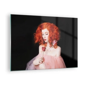 Üveg kép - Vörös hajú nő portréja rózsával sötét háttér előtt - 70x50cm - Barokk stílusban - Modern fali dekoráció nappalihoz és hálószobához ARTTOR