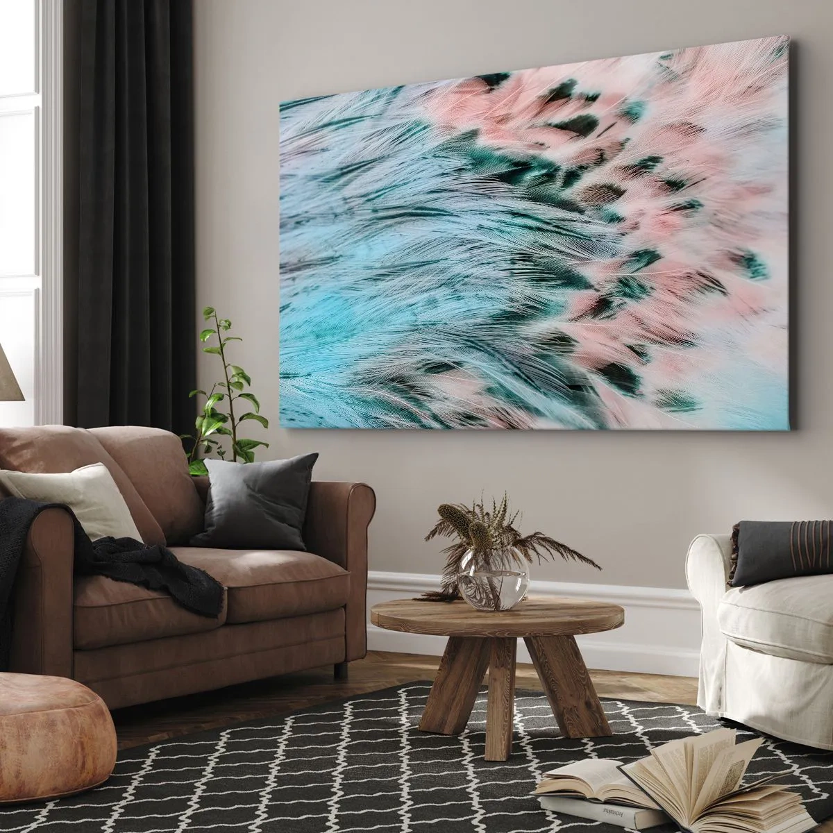Vászonkép - Pasztell zafírrózsaszín színű tollak közeli képe - 70x50cm - Zafír rózsaszín pehely - Modern fali dekoráció nappalihoz és hálószobához ARTTOR