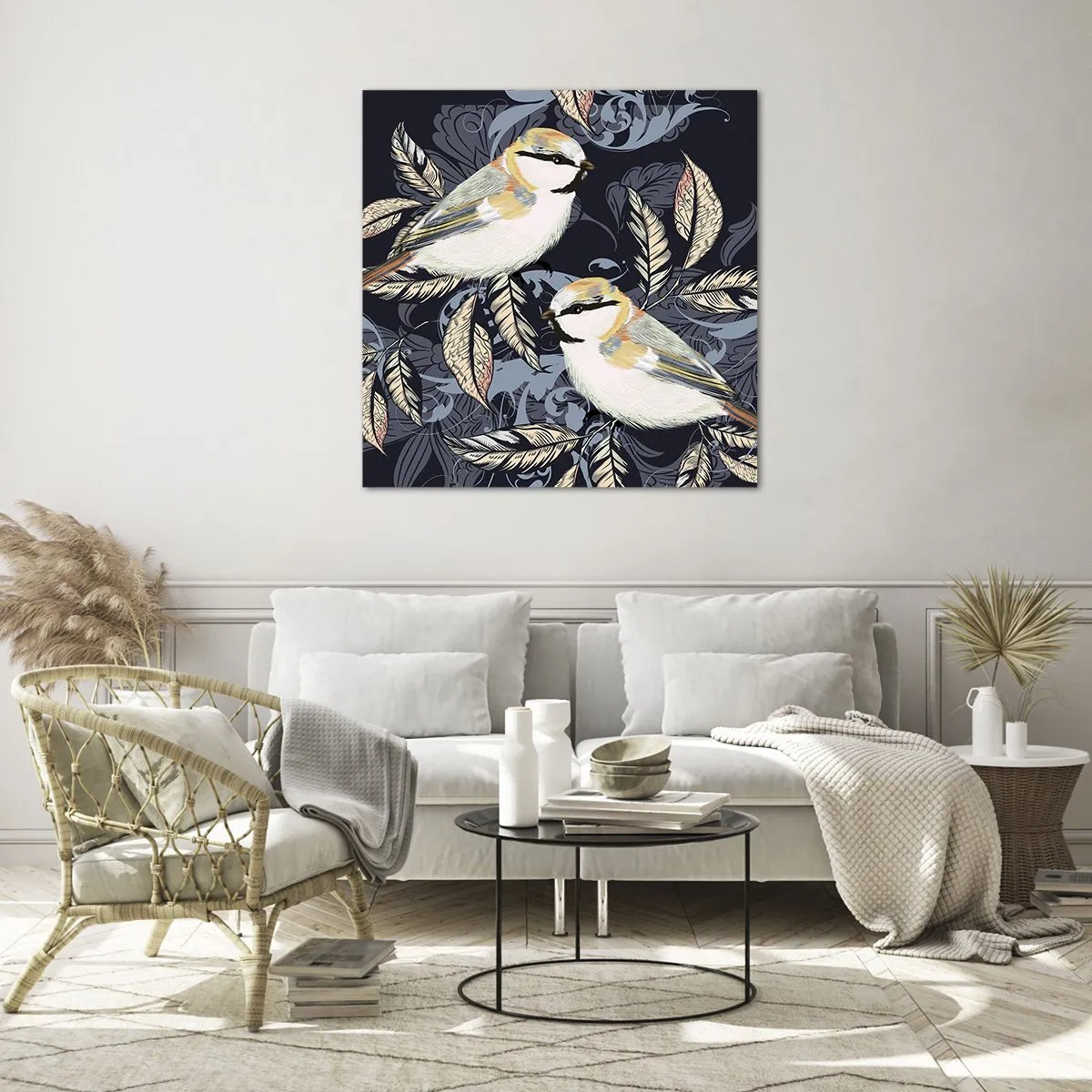 Üveg kép - Sárga-kék madárdal - 70x70 cm