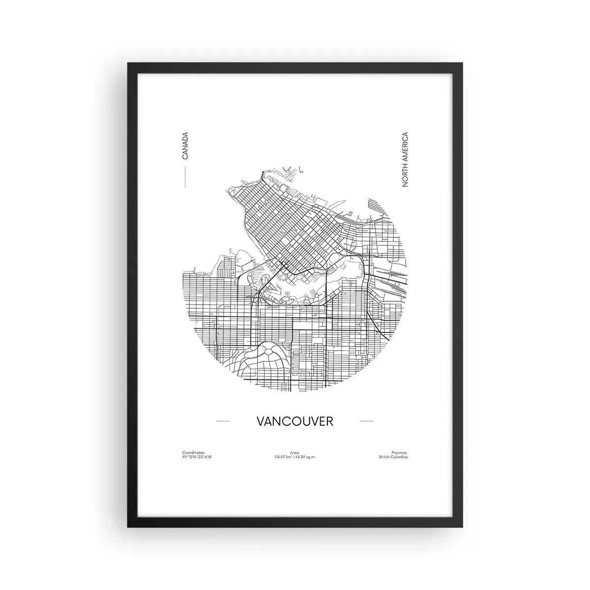Poszter fehér keretben - Vancouver minimalista fekete-fehér térképe - 50x70cm - Vacouver anatómiája - Modern fali dekoráció nappalihoz és hálószobához ARTTOR
