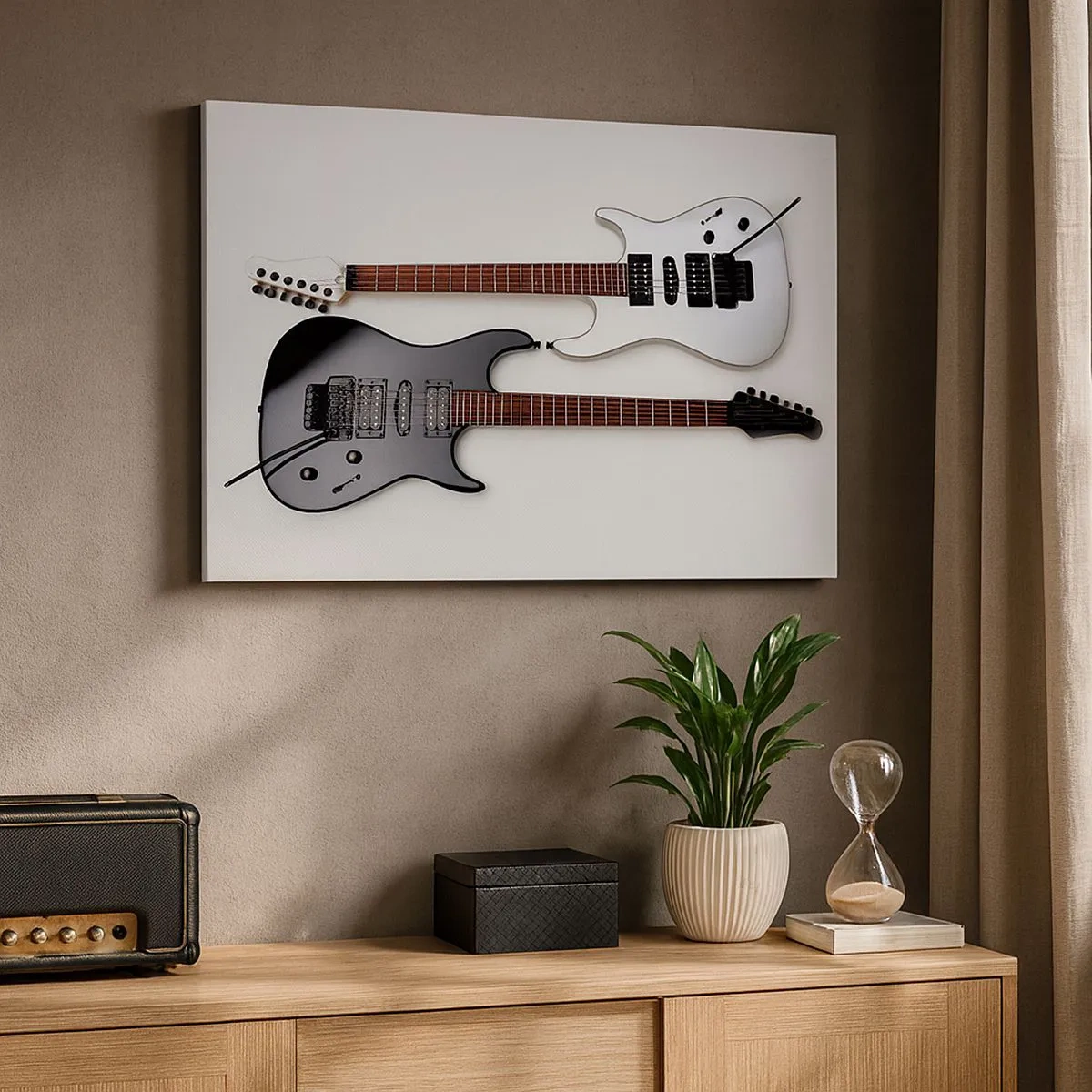 Vászonkép - Két elektromos gitár fekete-fehérben, világos háttér előtt. - 70x50cm - A formák harmóniája - Modern fali dekoráció nappalihoz és hálószobához ARTTOR