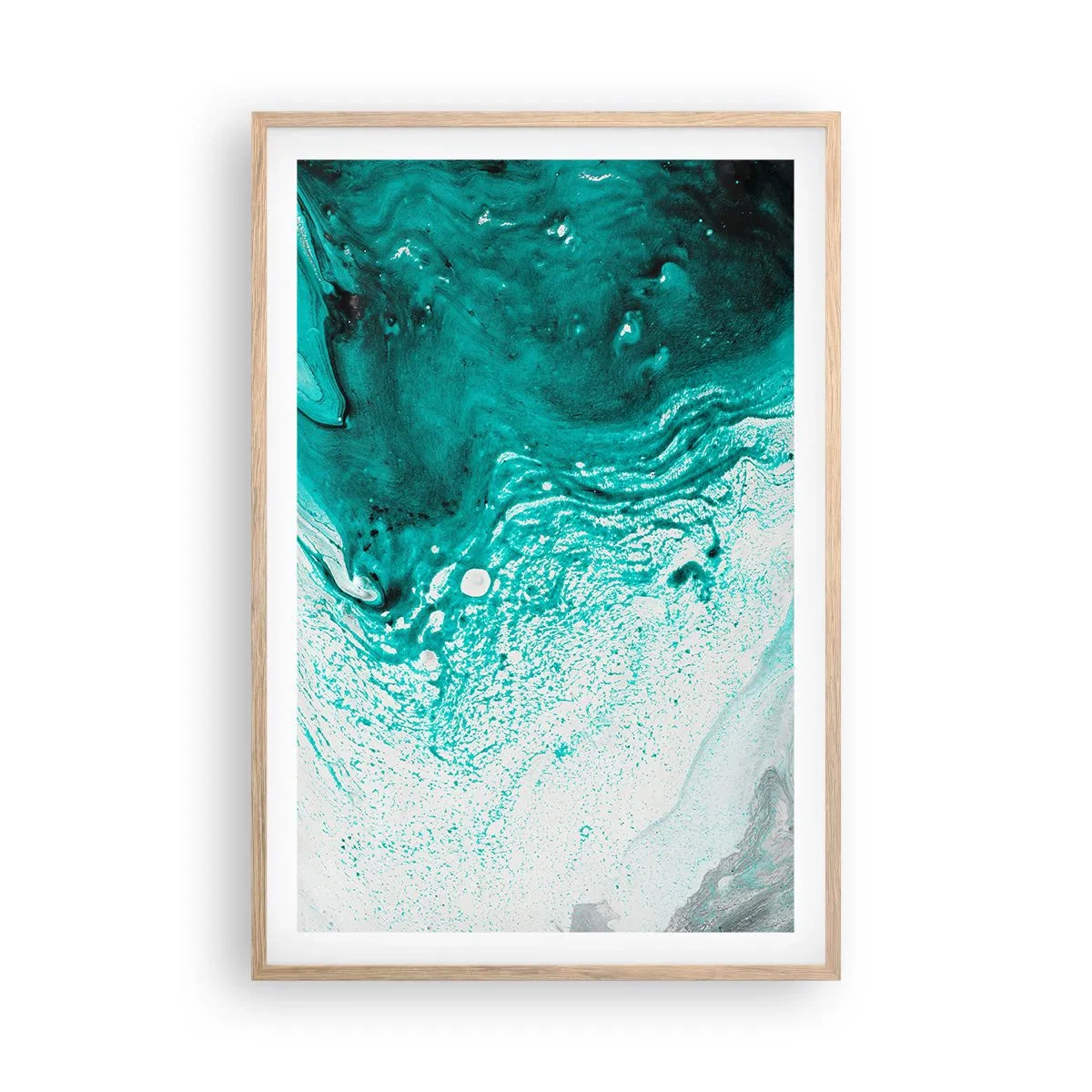 Poszter világos tölgy keretben - Elolvadni fehérben és türkizben - 61x91 cm