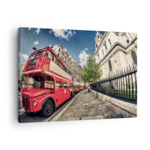 Vászonkép - Piros emeletes busz Londonban az utca és a katedrális közelében - 70x50cm - Londoni utca szürke és piros színben - Modern fali dekoráció nappalihoz és hálószobához ARTTOR