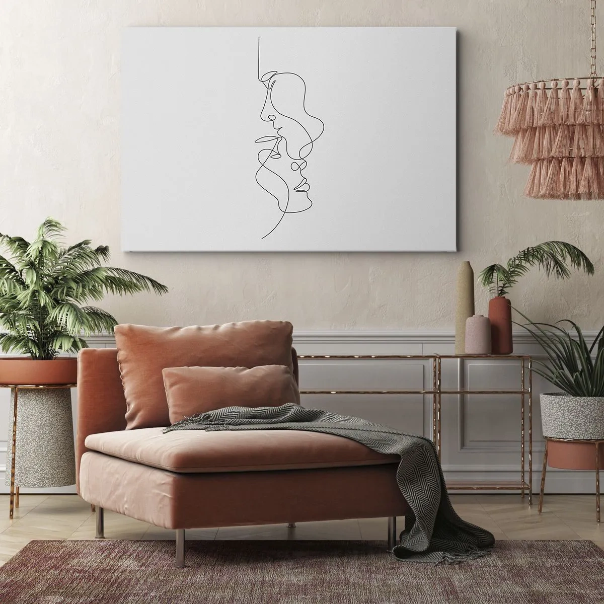 Vászonkép - Két arc egy vonalban történő minimalista rajza. - 70x50cm - Gyászos sóvárgás - Modern fali dekoráció nappalihoz és hálószobához ARTTOR