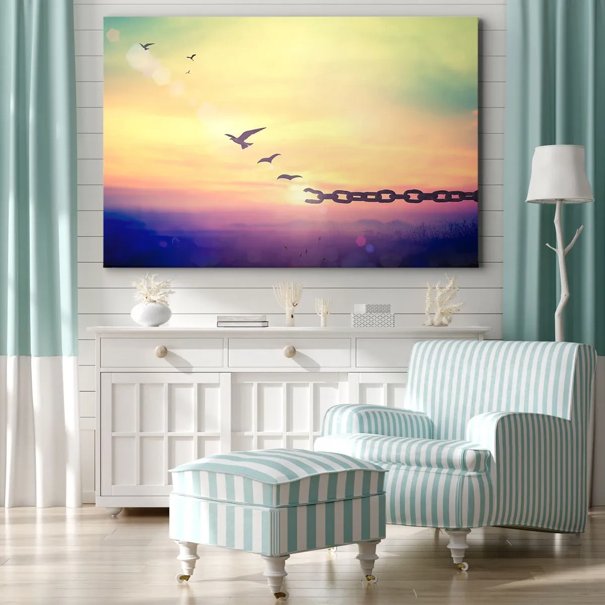 Vászonkép - A szabadság szimbóluma madarakkal és egy elszakadt lánccal - 70x50cm - Szabadság győzelme - Modern fali dekoráció nappalihoz és hálószobához ARTTOR