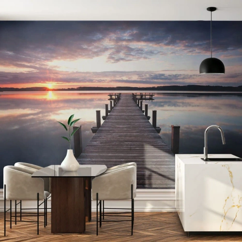 Fotótapéta Premium Sand - Csendes határ a nappal és az éjszaka között - Tájkép, Tó, Napnyugta - 100x70 cm
