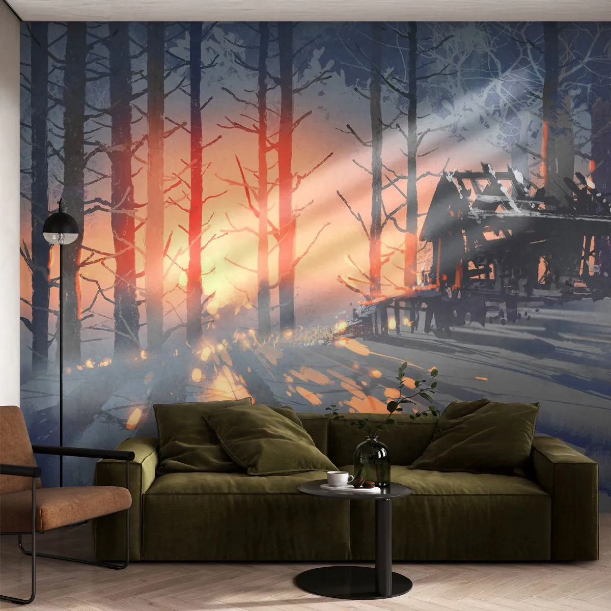 Fotótapéta Premium Sand - Ide csak a nap néz be - Tájkép, Erdei kunyhó, Erdő - 100x70 cm