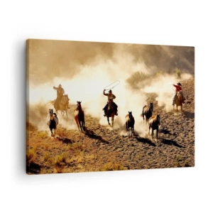 Vászonkép - Cowboyok lóháton akcióban a sivatagi terepen - 70x50cm - Igazán vadnyugat - Modern fali dekoráció nappalihoz és hálószobához ARTTOR