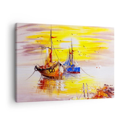 Vászonkép - Festői jelenet hajókról a nyugodt tengeren - 70x50cm - Megérdemelt pihenés a kikötőben - Modern fali dekoráció nappalihoz és hálószobához ARTTOR