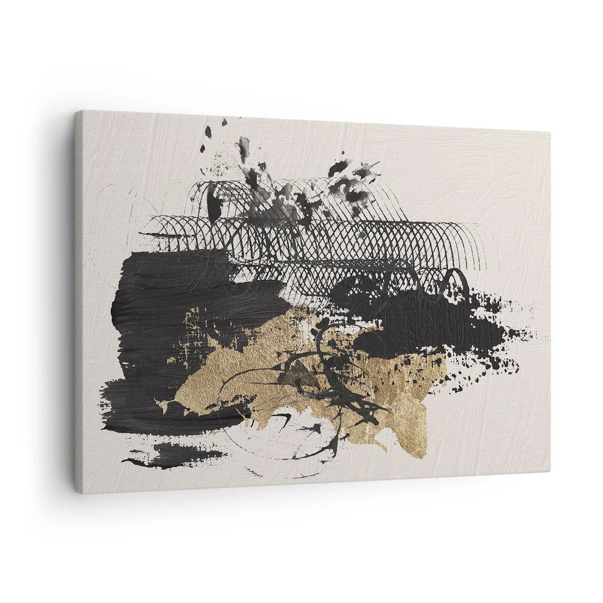 Vászonkép - Egy fekete és arany absztrakt festmény dinamikus vonalakkal és struktúrákkal. - 70x50cm - Szenvedélyes kompozíció - Modern fali dekoráció nappalihoz és hálószobához ARTTOR