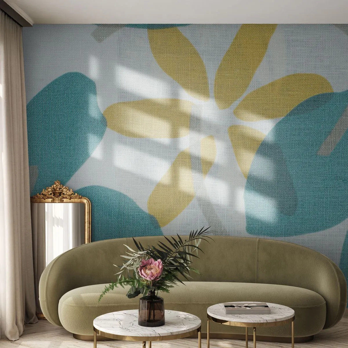 Fotótapéta Premium Sand - Azúrkék levelek között - Boho, Virágok, Minimalizmus - 300x210 cm