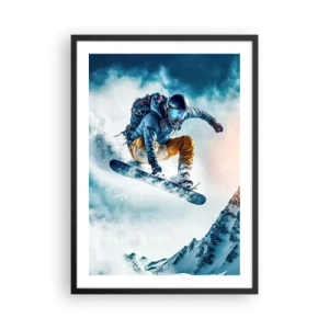 Poszter fehér keretben - Egy snowboardos átrepül egy hófödte hegycsúcs felett - 50x70cm - Extrém érzelmek - Modern fali dekoráció nappalihoz és hálószobához ARTTOR
