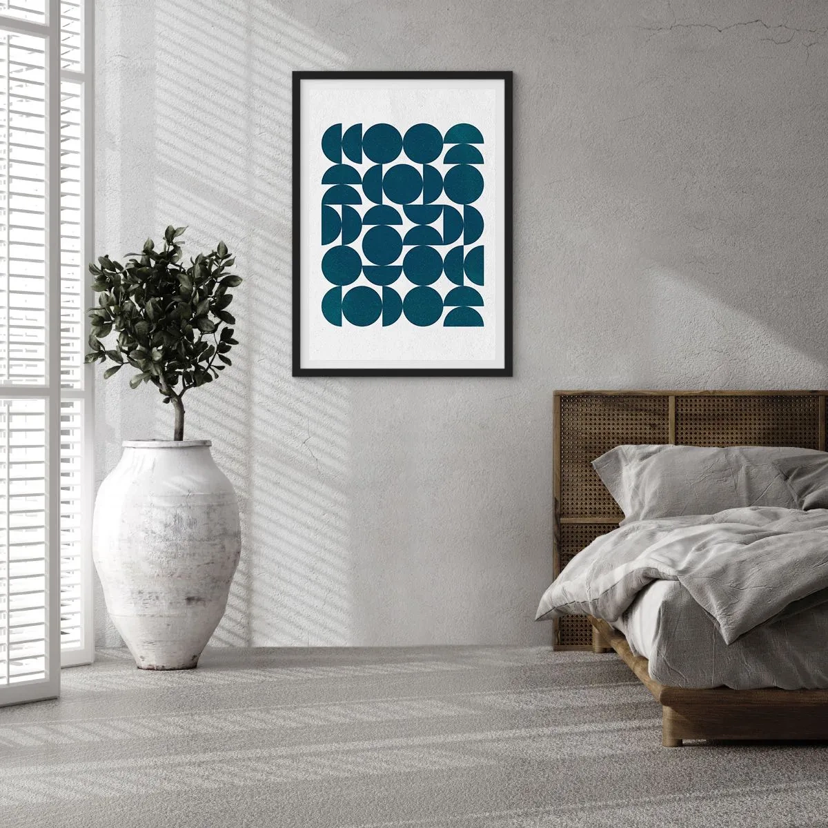 Poszter fehér keretben - Geometriai kompozíció kék körökkel - 50x70cm - Körök és félkörök - Modern fali dekoráció nappalihoz és hálószobához ARTTOR