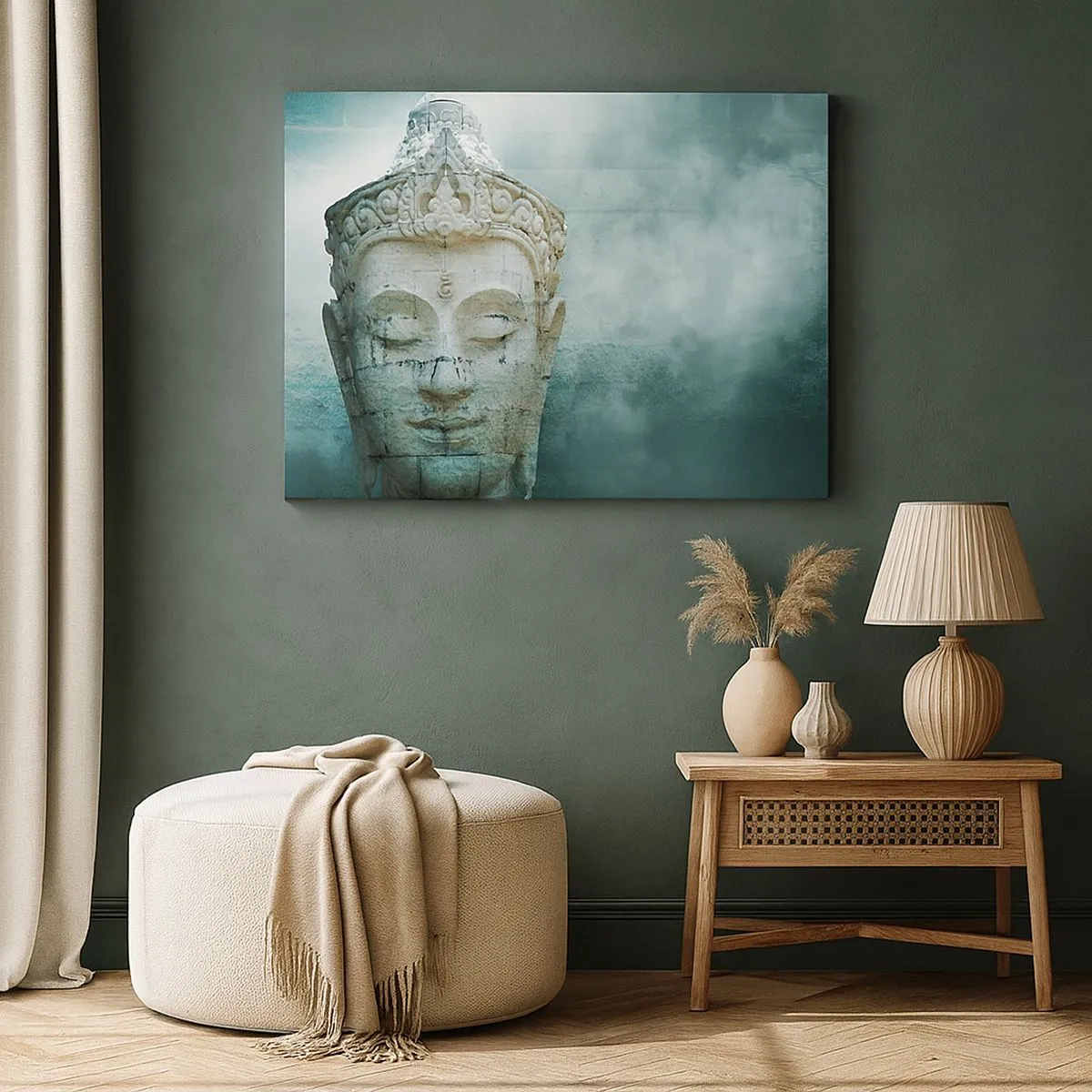 Vászonkép - Buddha-szobor lágy köddel zöld háttér előtt - 70x50cm - A fény kérése - Modern fali dekoráció nappalihoz és hálószobához ARTTOR
