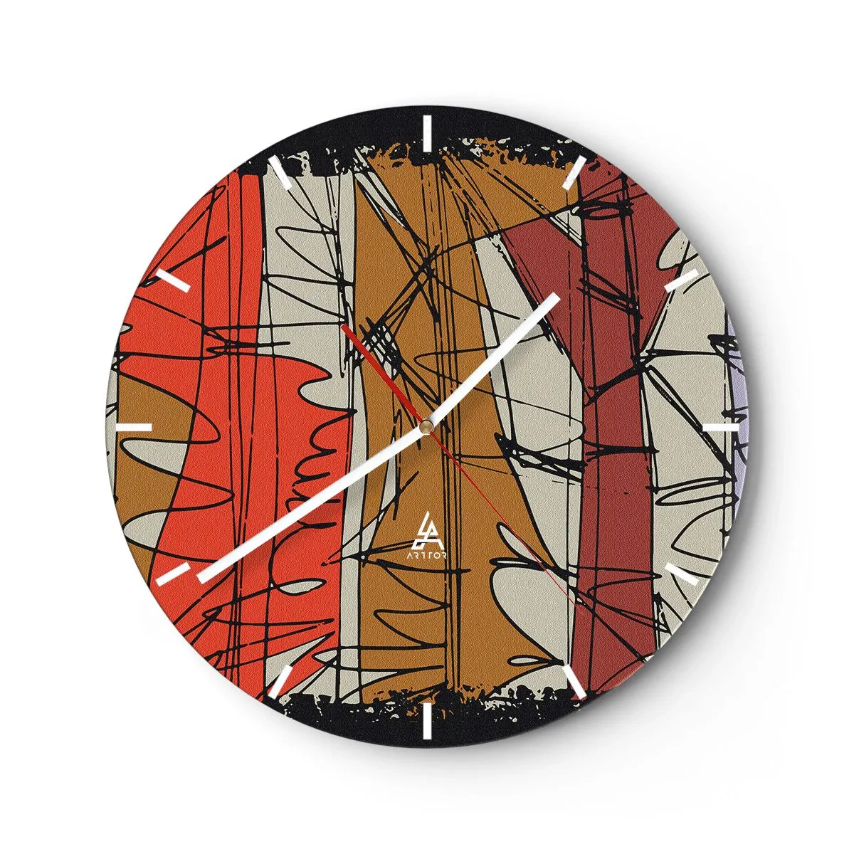 Falióra, Óra - Absztrakt vonalak és foltok meleg színpalettán - 30x30cm - Spontán kompozíció - Modern fali dekoráció nappalihoz, konyhához és hálószobához ARTTOR