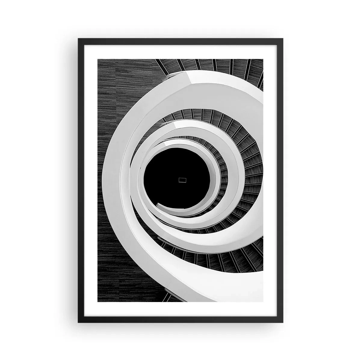 Poszter fehér keretben - Egy fekete-fehér csigalépcső absztrakt mintával - 50x70cm - Lényegre törő - Modern fali dekoráció nappalihoz és hálószobához ARTTOR