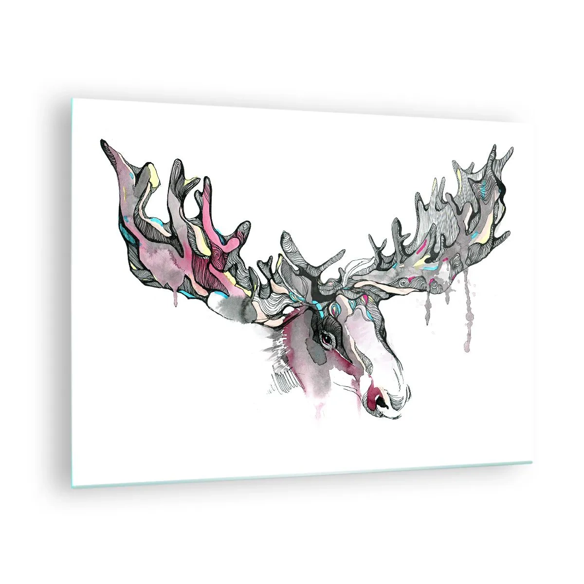 Üveg kép - Színes akvarell egy jávorszarvasról kiterjedt agancsokkal - 70x50cm - Az erdei király koronája - Modern fali dekoráció nappalihoz és hálószobához ARTTOR