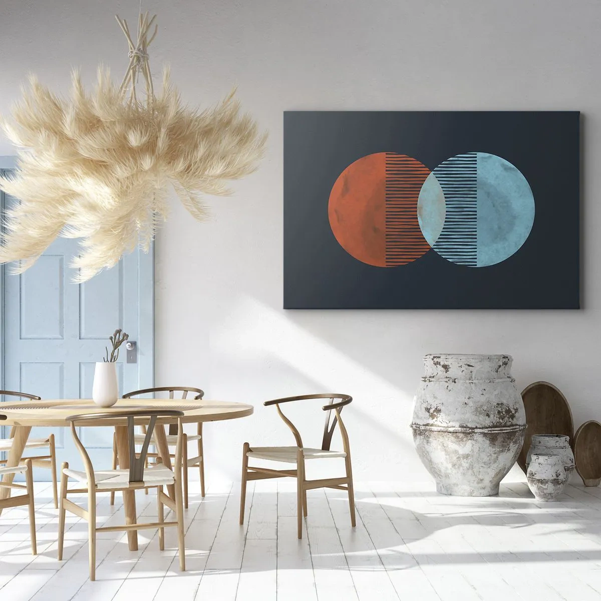 Vászonkép - Két narancssárga és kék kör sötét háttér előtt - 70x50cm - Csillagászati fantázia - Modern fali dekoráció nappalihoz és hálószobához ARTTOR