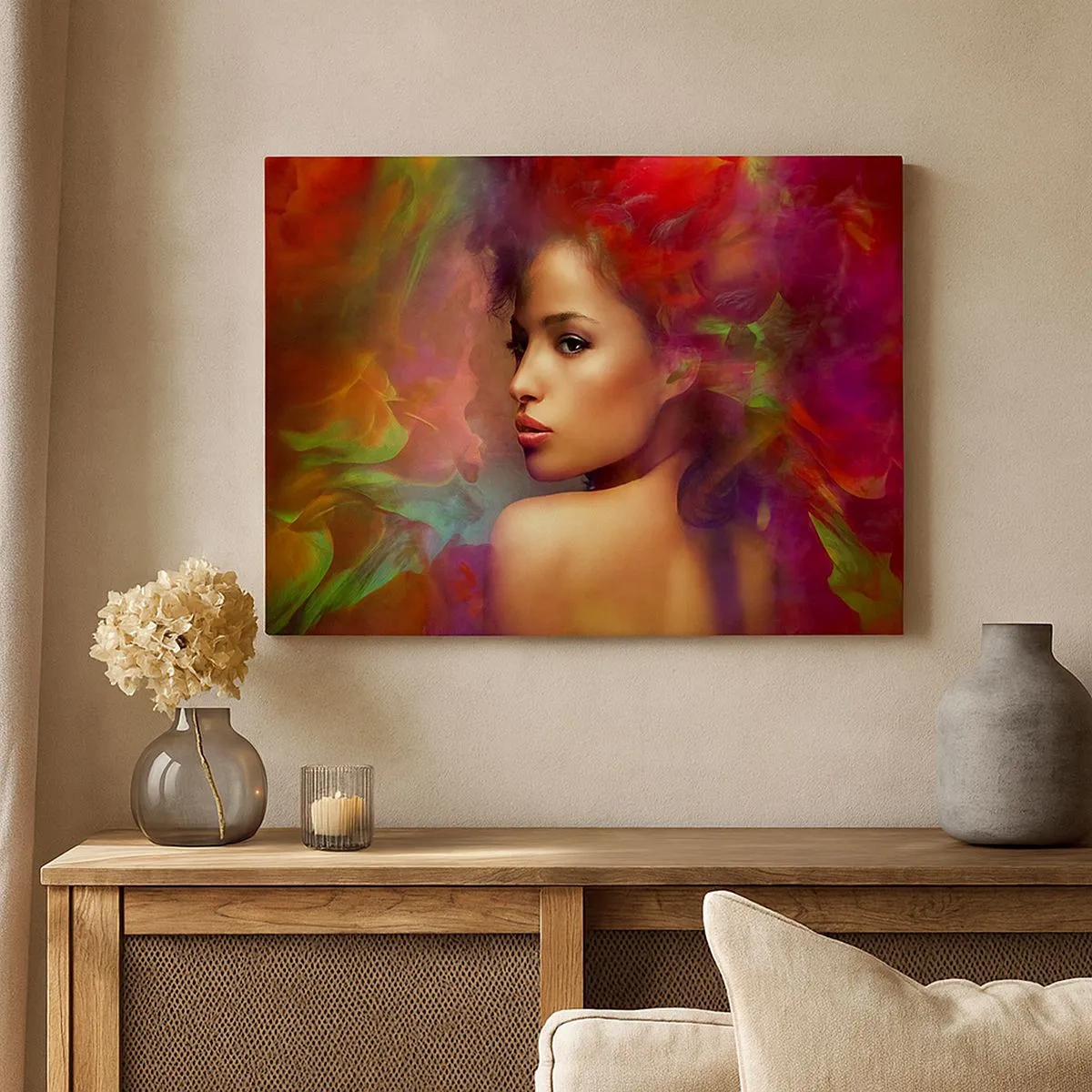 Vászonkép - Egy nő színes tükröződésekkel, amelyek absztrakt hátteret hoznak létre - 70x50cm - Szebb, mint a szivárvány, olyan gyengéd, mint a köd - Modern fali dekoráció nappalihoz és hálószobához ARTTOR