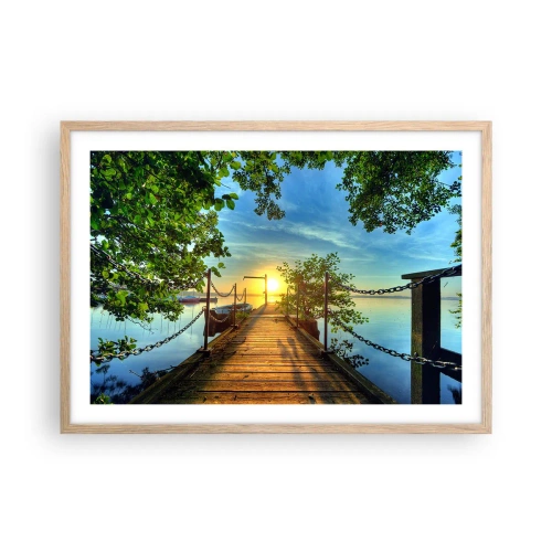 Poszter világos tölgy keretben - Naplemente a víz felett - 70x50 cm