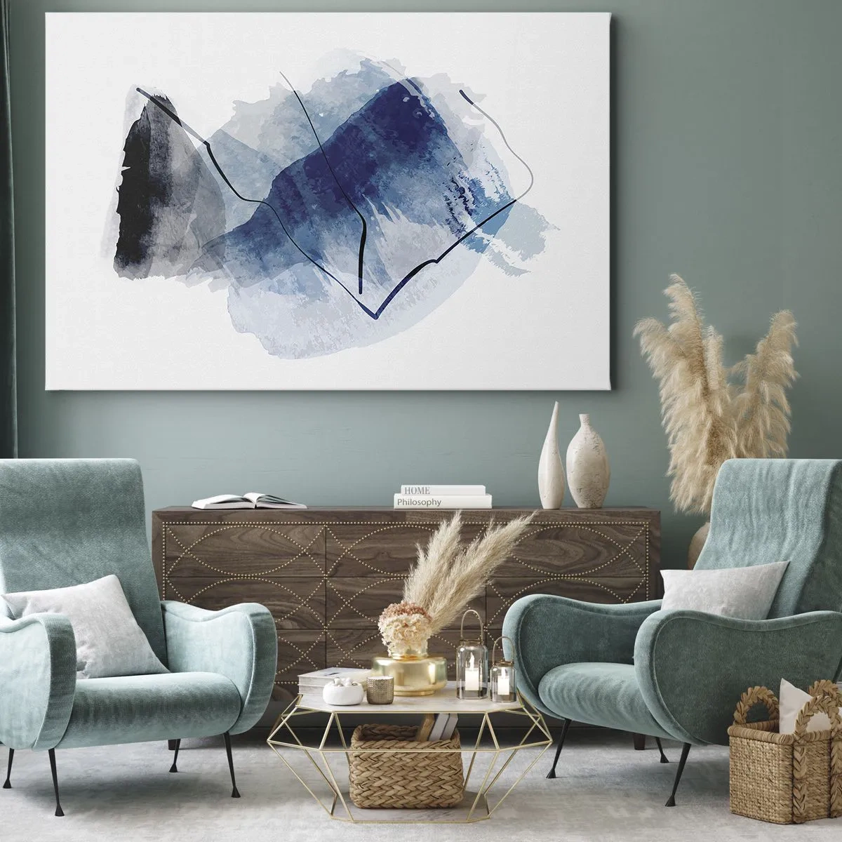 Vászonkép - Absztrakt formák kék árnyalatokban, finom vonalakkal - 70x50cm - Jéghegy - Modern fali dekoráció nappalihoz és hálószobához ARTTOR