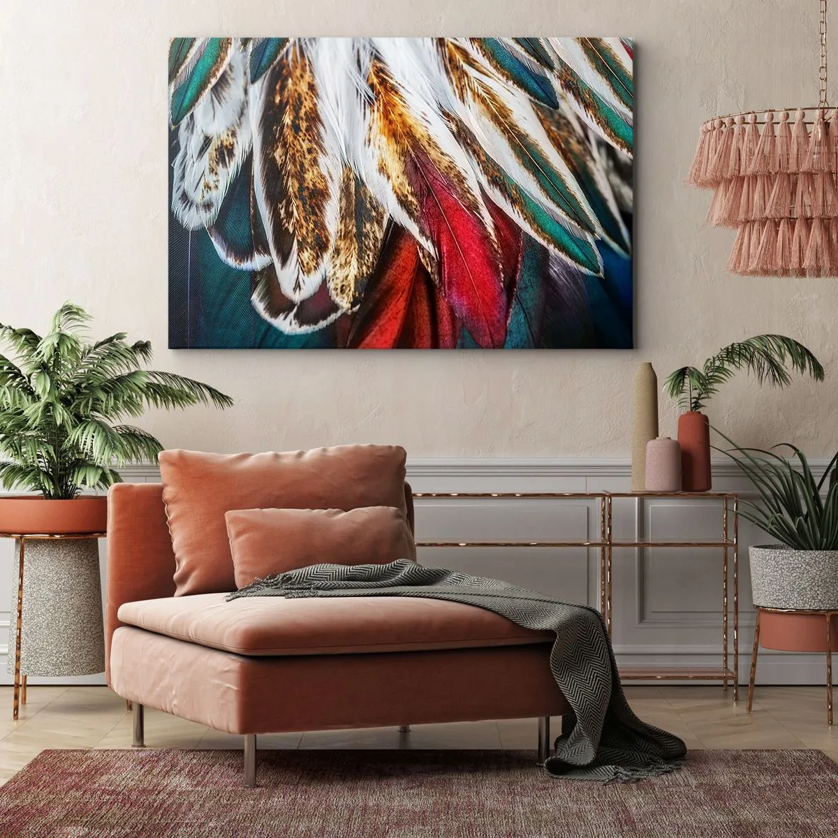 Vászonkép - Élénk, intenzív színekben pompázó többszínű tollak közeli képe - 70x50cm - A repülés titkai - Modern fali dekoráció nappalihoz és hálószobához ARTTOR