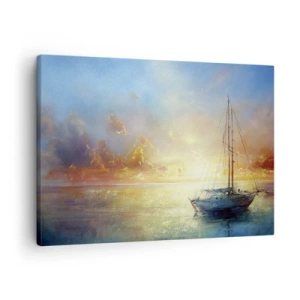 Vászonkép - Egy jacht a nyugodt tengeren naplementekor - 70x50cm - Egy arany öbölben - Modern fali dekoráció nappalihoz és hálószobához ARTTOR