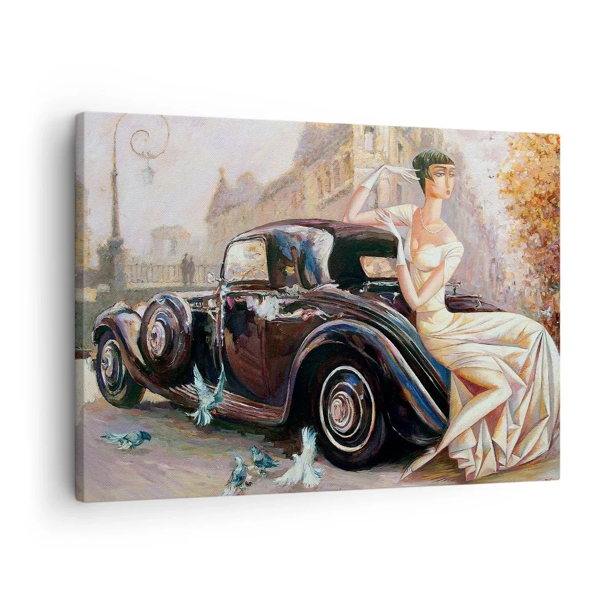 Vászonkép - Retro nő klasszikus autó mellett - 70x50cm - Elegancia retro stílusban - Modern fali dekoráció nappalihoz és hálószobához ARTTOR