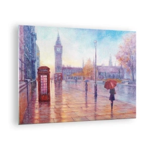 Üveg kép - Londoni jelenet az esőben a Big Bennel és a piros dobozzal - 70x50cm -  Őszi nap Londonban - Modern fali dekoráció nappalihoz és hálószobához ARTTOR