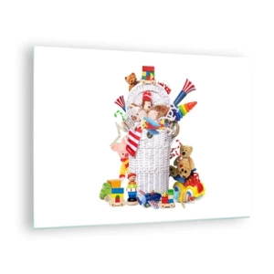Üveg kép - Egy kosár tele színes játékokkal fehér alapon - 70x50cm - A picur kincsei - Modern fali dekoráció nappalihoz és hálószobához ARTTOR